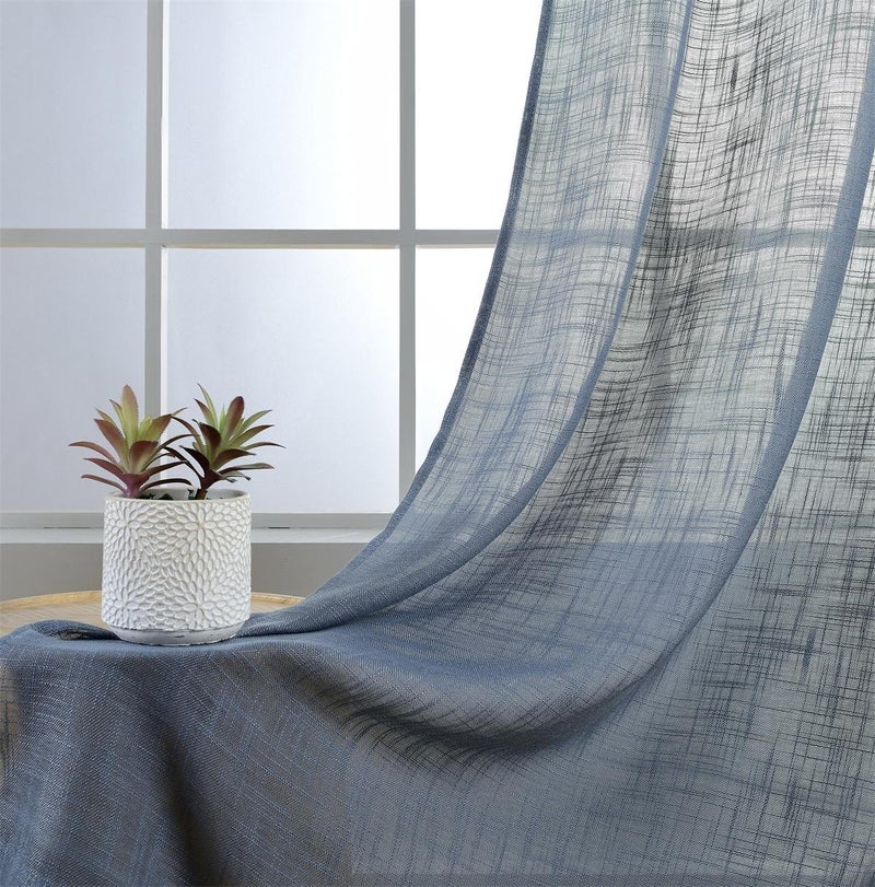 MIUCO Semi Sheer Curtains Poly Linen Textured Solid Grommet Curtains 84 Inches Long for Living Room 2 Panels (2 x 37 Wide x 84" Long) Dusty Blue - Image 3